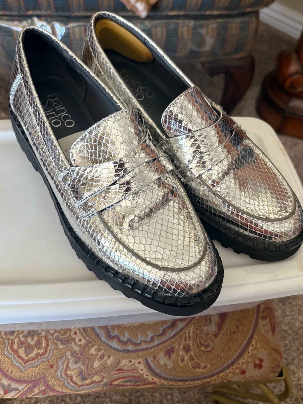 Franco Sarto Metallic Silver Snake-Embossed Penny Loafers